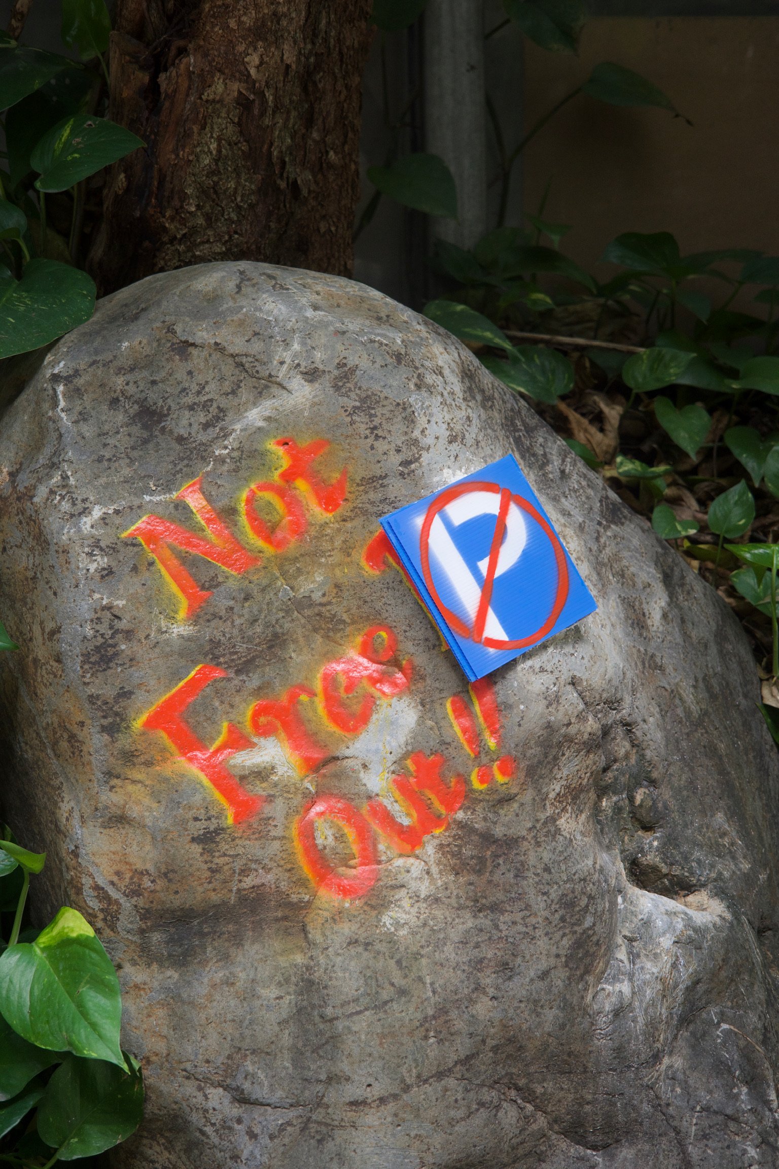 A big rock (about 2 meters) with a no parking sign attached, and orange text graffiti reading “Not Free (P) Out!!” with yellow text shadow.