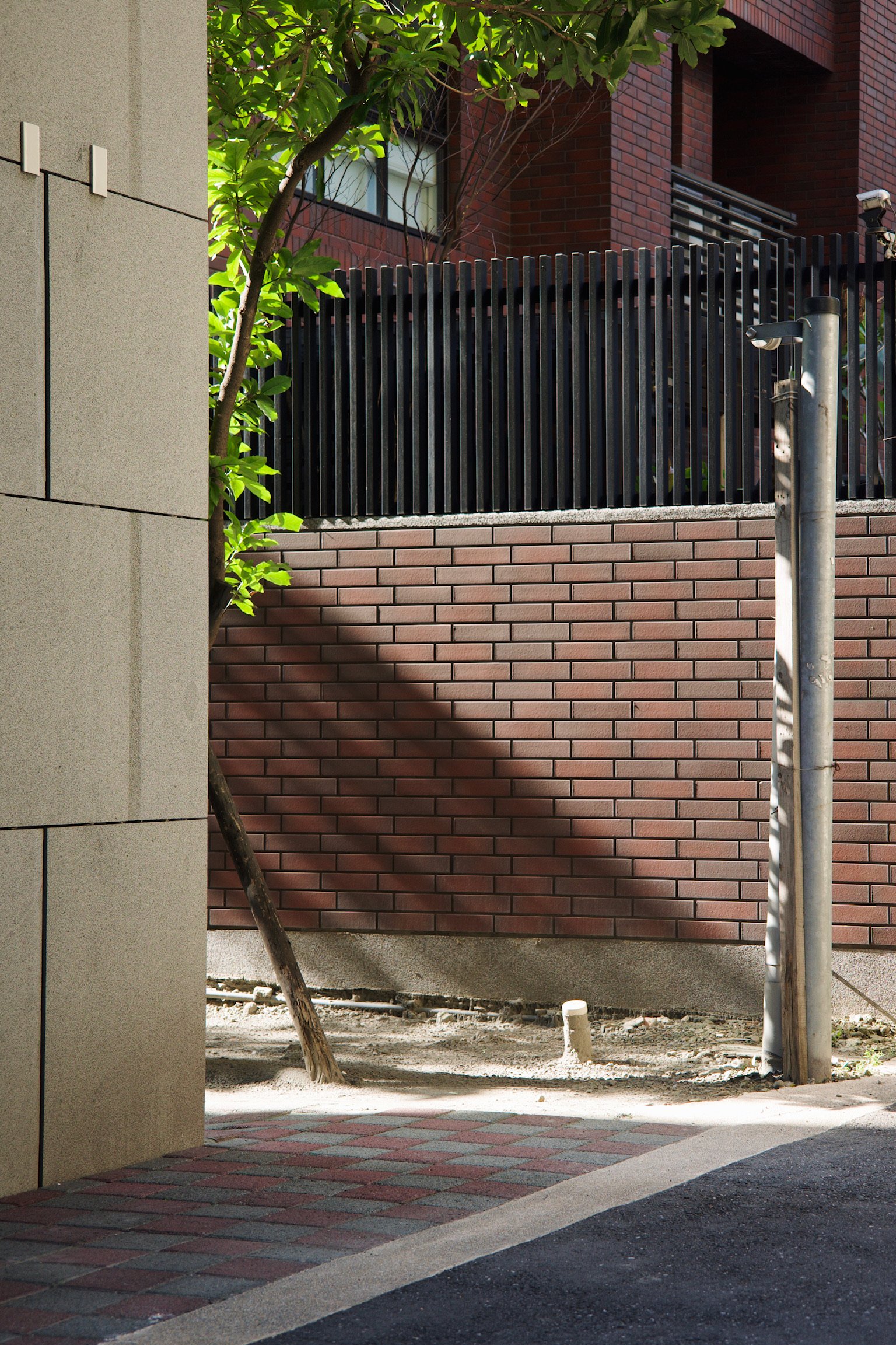 Brick wall with shadow of a tree casted upon it. An electric pole at the edge of the frame, and in the foreground a corner of a building with large-sized beige tiles.