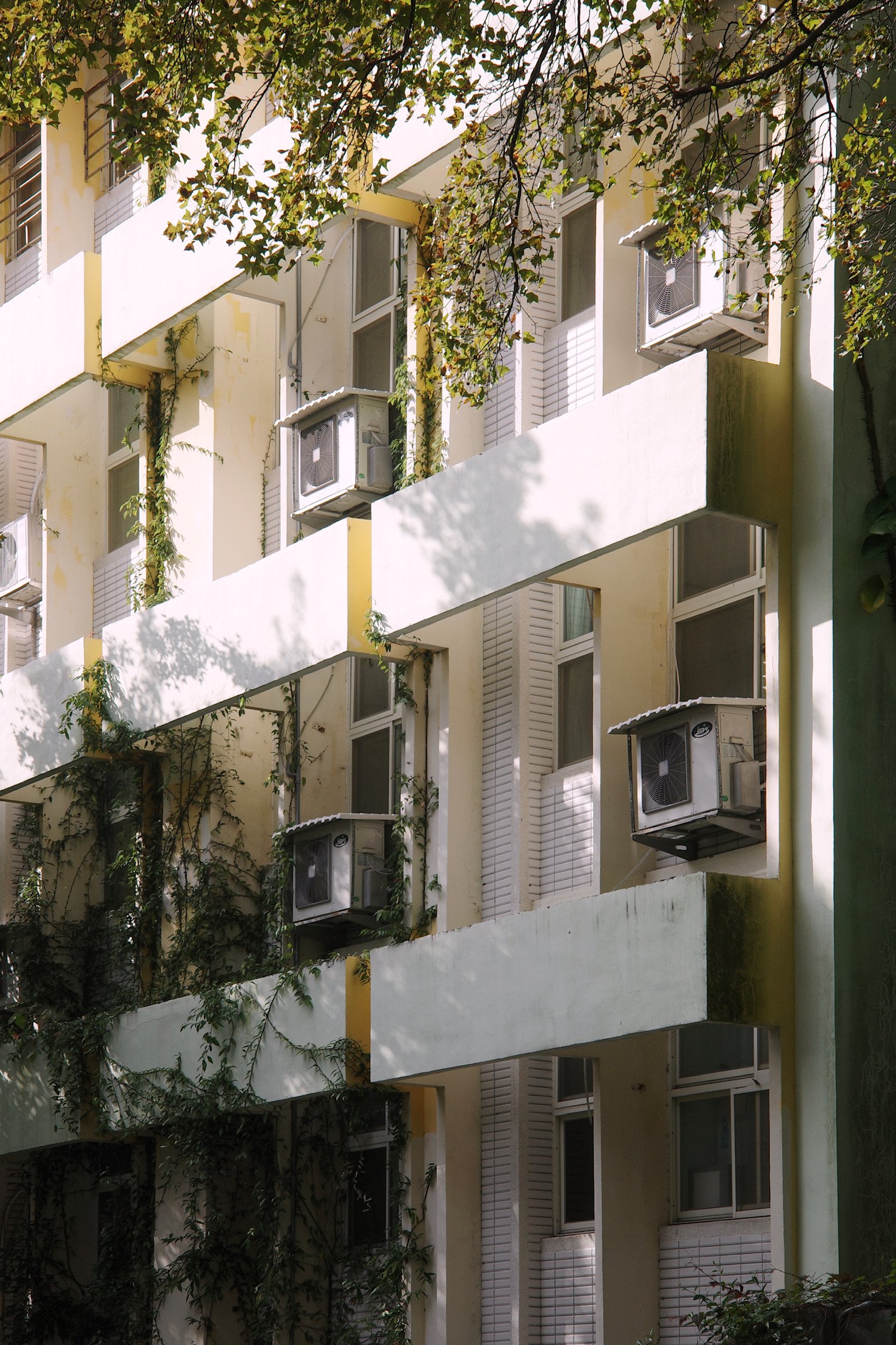 Building with white, yellow, green tiles and outdoor AC units and plants growing around the outside wall.