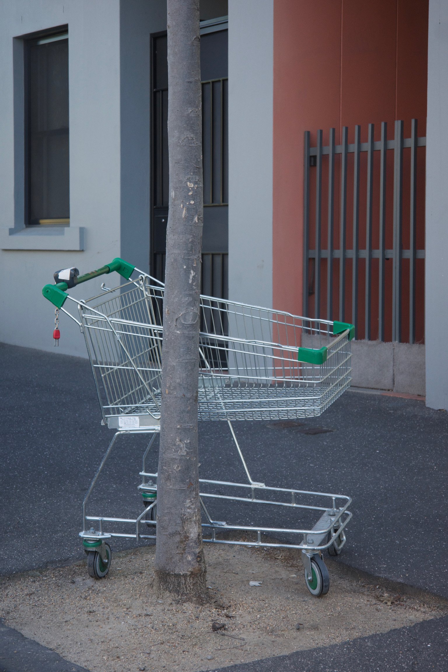a shopping cart next to a tree in front of pastel colored buildings